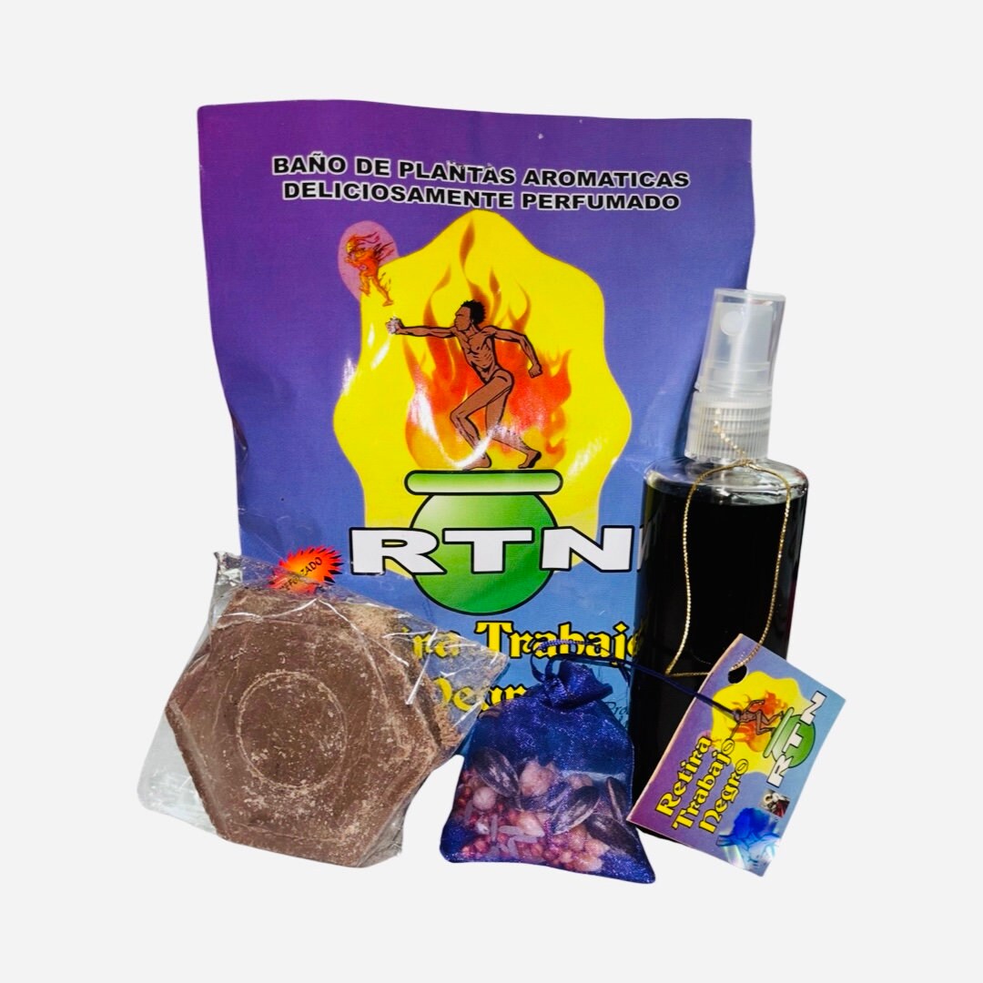 RTN Retira Trabajo Negro Kit Ritualizado con Perfume + Baño Aromatico + Jabon + Amuleto Para Limpias y Abrir Caminos