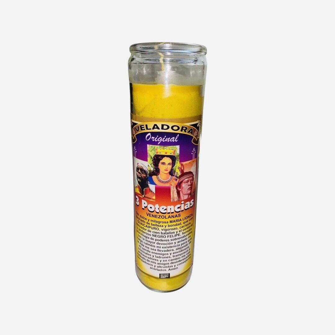 3 POTENCIAS VENEZOLANAS VELADORA, Maria Lionza, Guaicaipuro, Negro Felipe