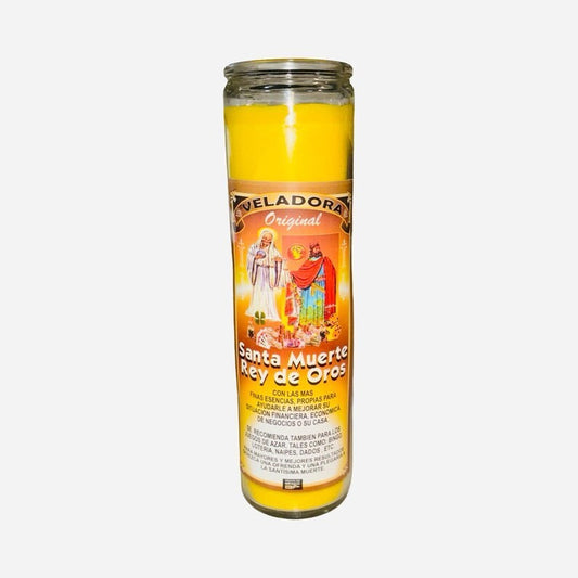 Santa Muerte Rey de Oros Veladora Para Buenas Ventas y Llama Clientes