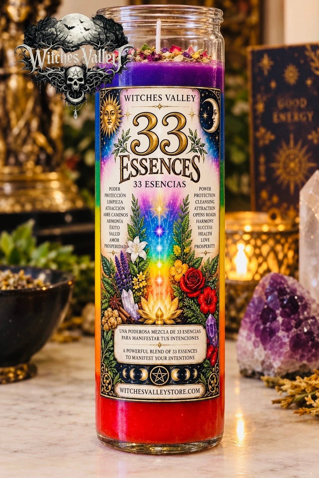 33 Essences 7 Color Spiritual Candle. 33 Esencias Veladora. for Protection, Love