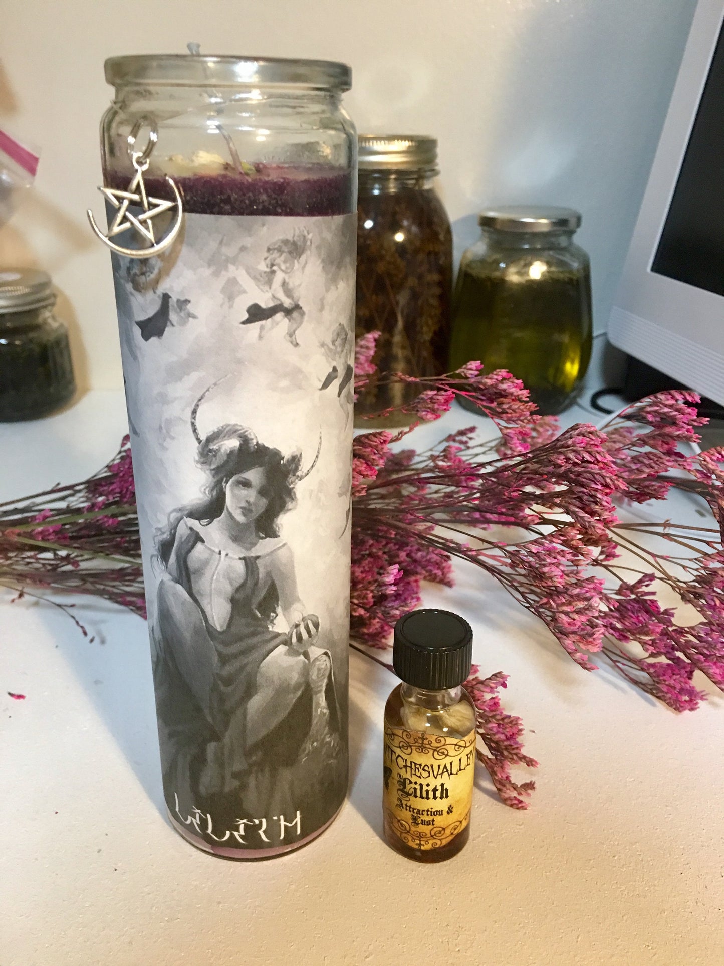 Lilith Queen of the Night Candle + Lilith Oil, Attraction, Lust, Money, Black Candle,Red,Purple