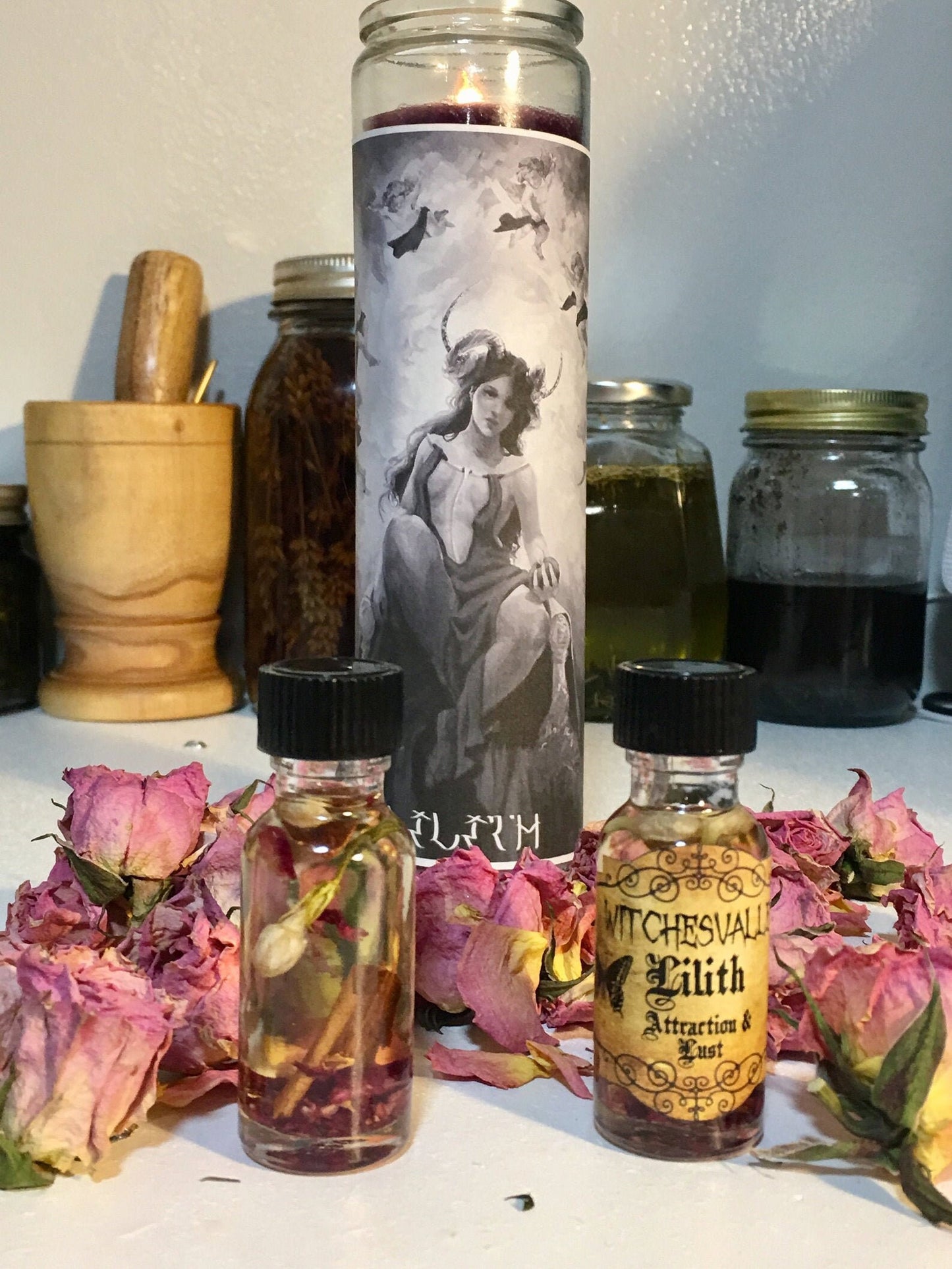 Lilith Queen of the Night Candle + Lilith Oil, Attraction, Lust, Money, Black Candle,Red,Purple