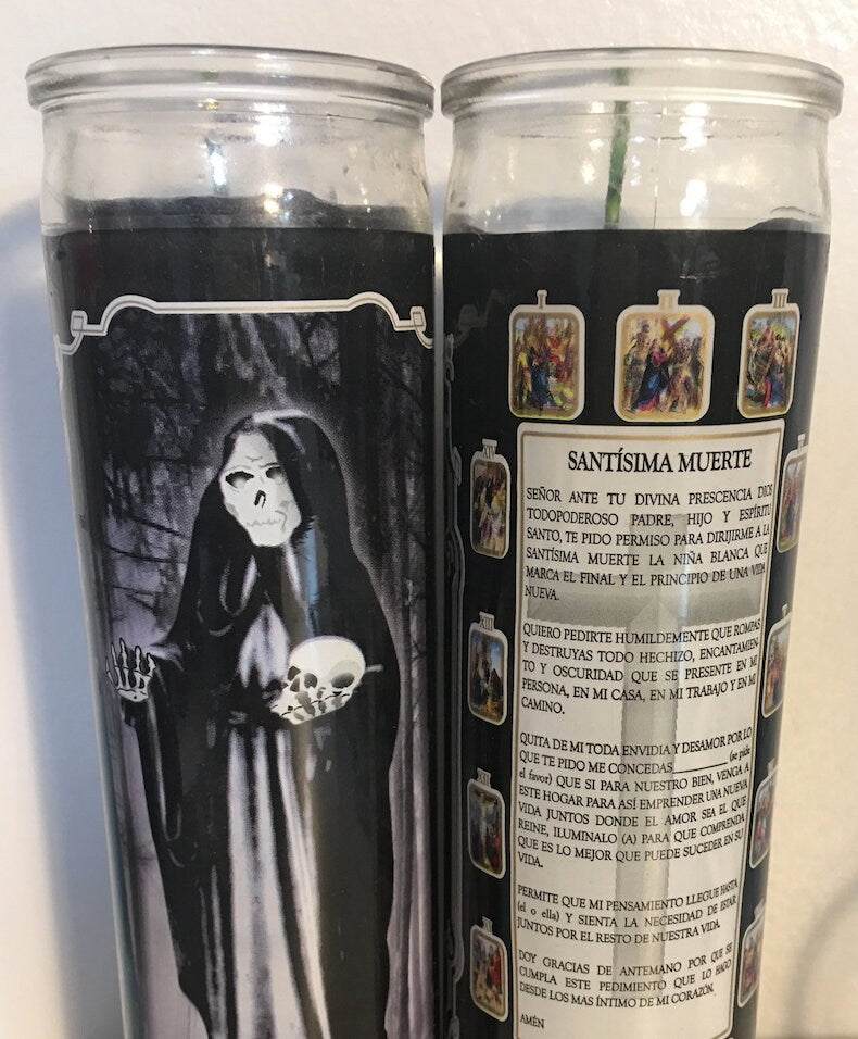 Santa Muerte Veladora Negra con Oracion, Roja, Holy Death Black Prayer Candle, Red, Santisima Muerte 7 day Candle