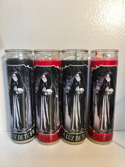 Santa Muerte Veladora Negra con Oracion, Roja, Holy Death Black Prayer Candle, Red, Santisima Muerte 7 day Candle