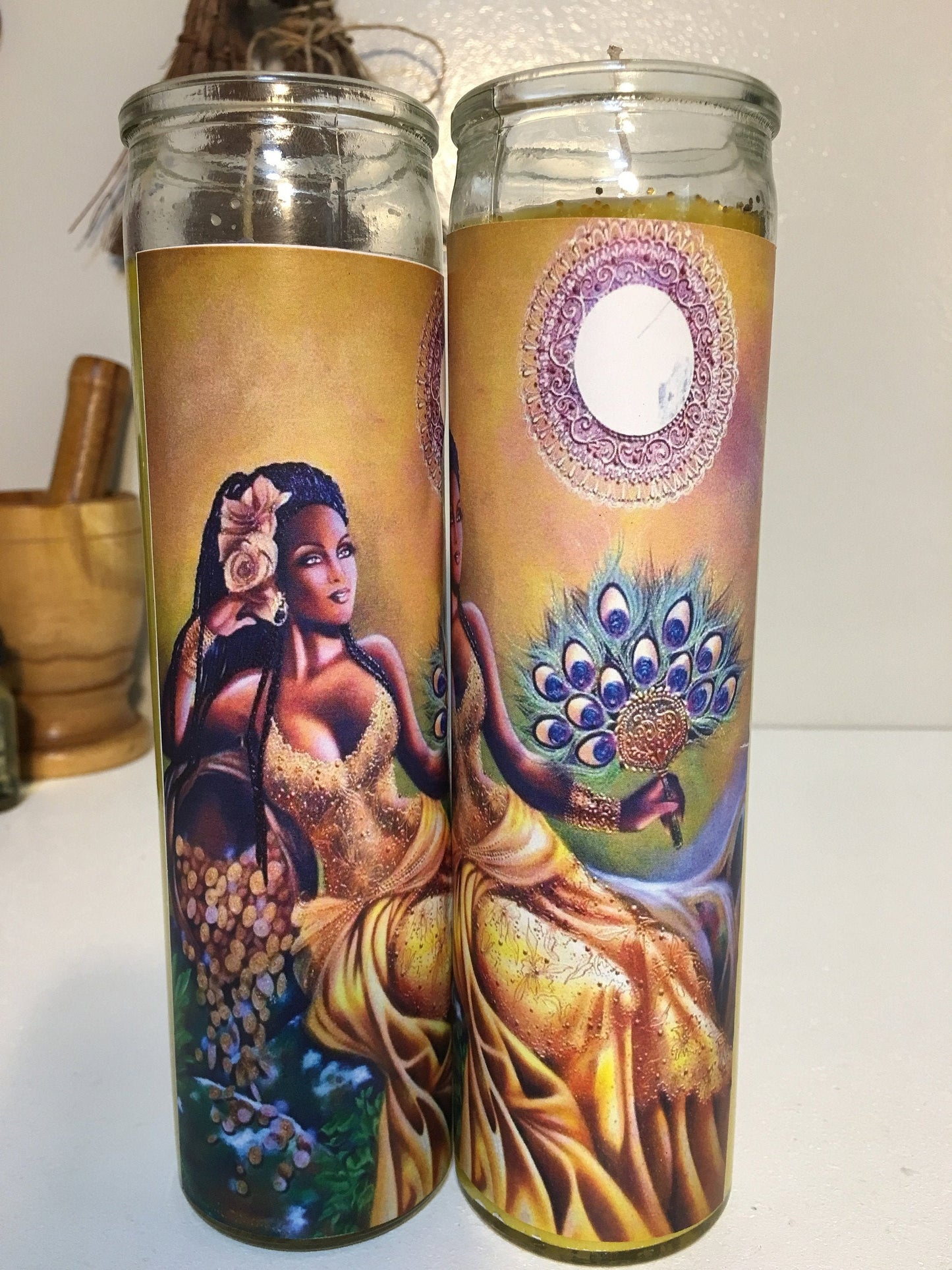 Oshun Goddess Yellow Dressed Conjured Candle + Oshun Oil, Diosa Oshun Veladora Preparada