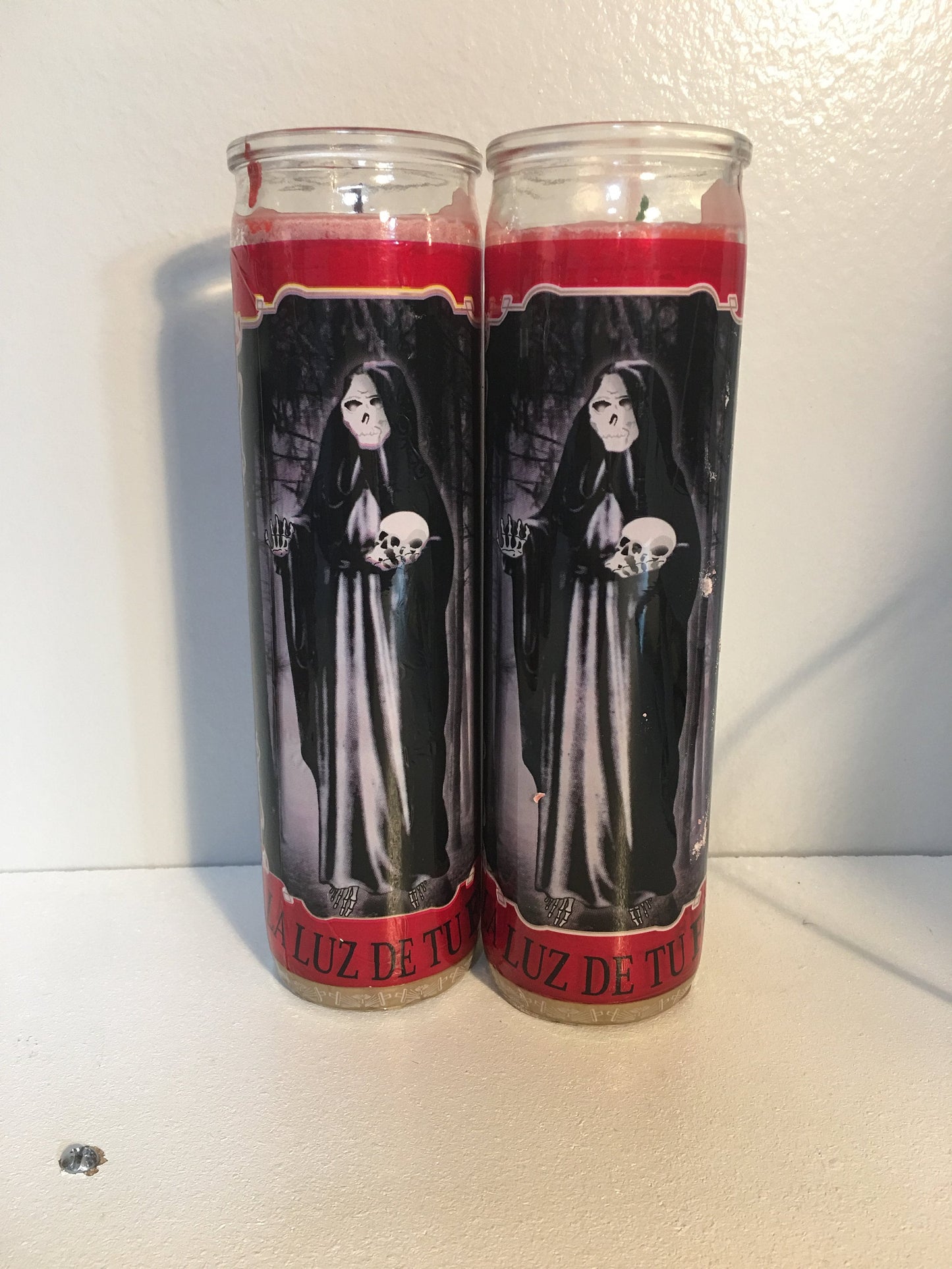 Santa Muerte Veladora Negra con Oracion, Roja, Holy Death Black Prayer Candle, Red, Santisima Muerte 7 day Candle