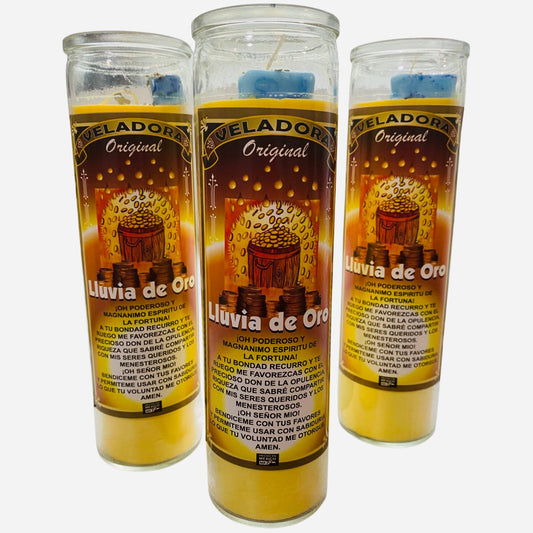 Lluvia de Oro Veladora - Gold Rain Candle, Preparada y Conjurada Para la Abundancia y Riqueza