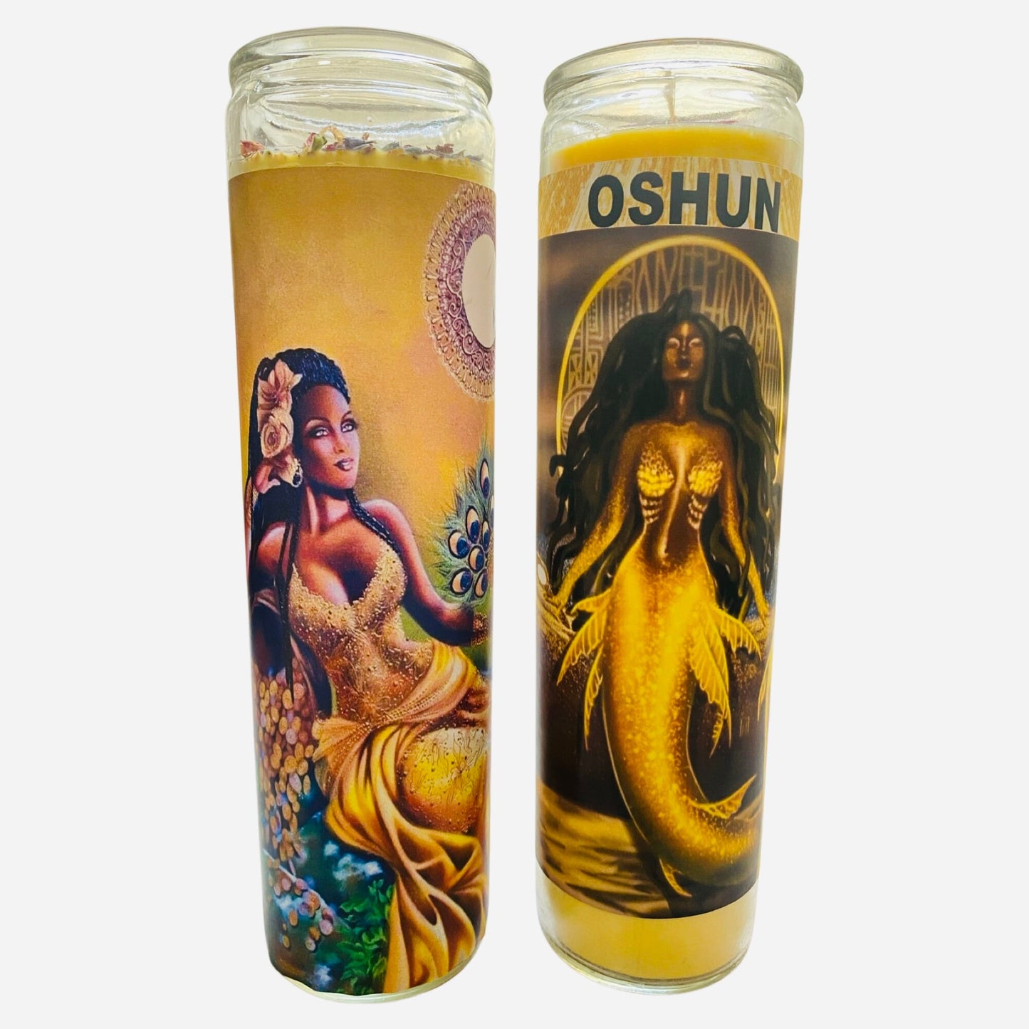 Set of 2 Oshun Goddess Yellow Dressed Conjured Candles + Oshun Oil, Diosa Ochun Veladora Preparad