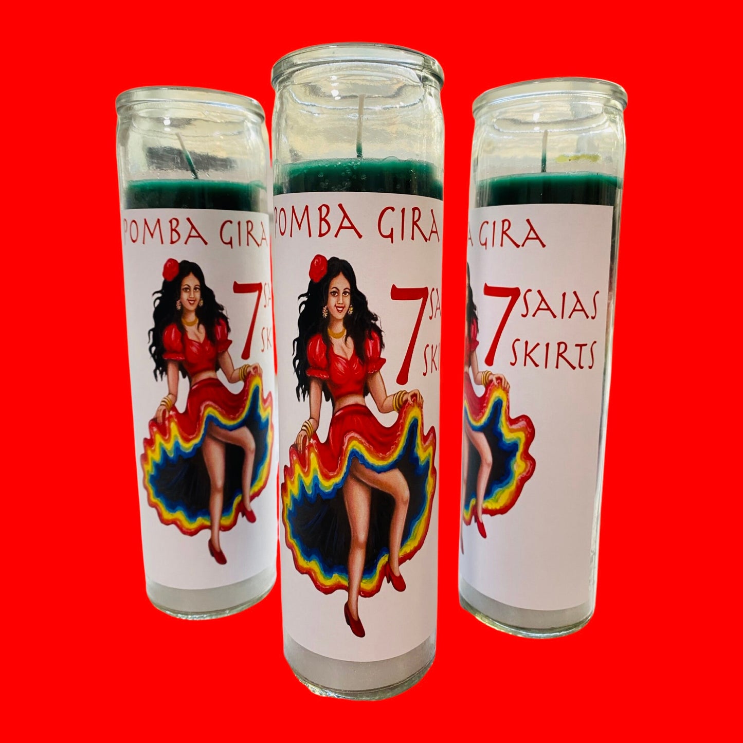 Pomba Gira 7 Saias Candle, 7 Skirts Fixed Candle for Difficult Love and Money Situations. Kimbanda, 7 Colors Candle