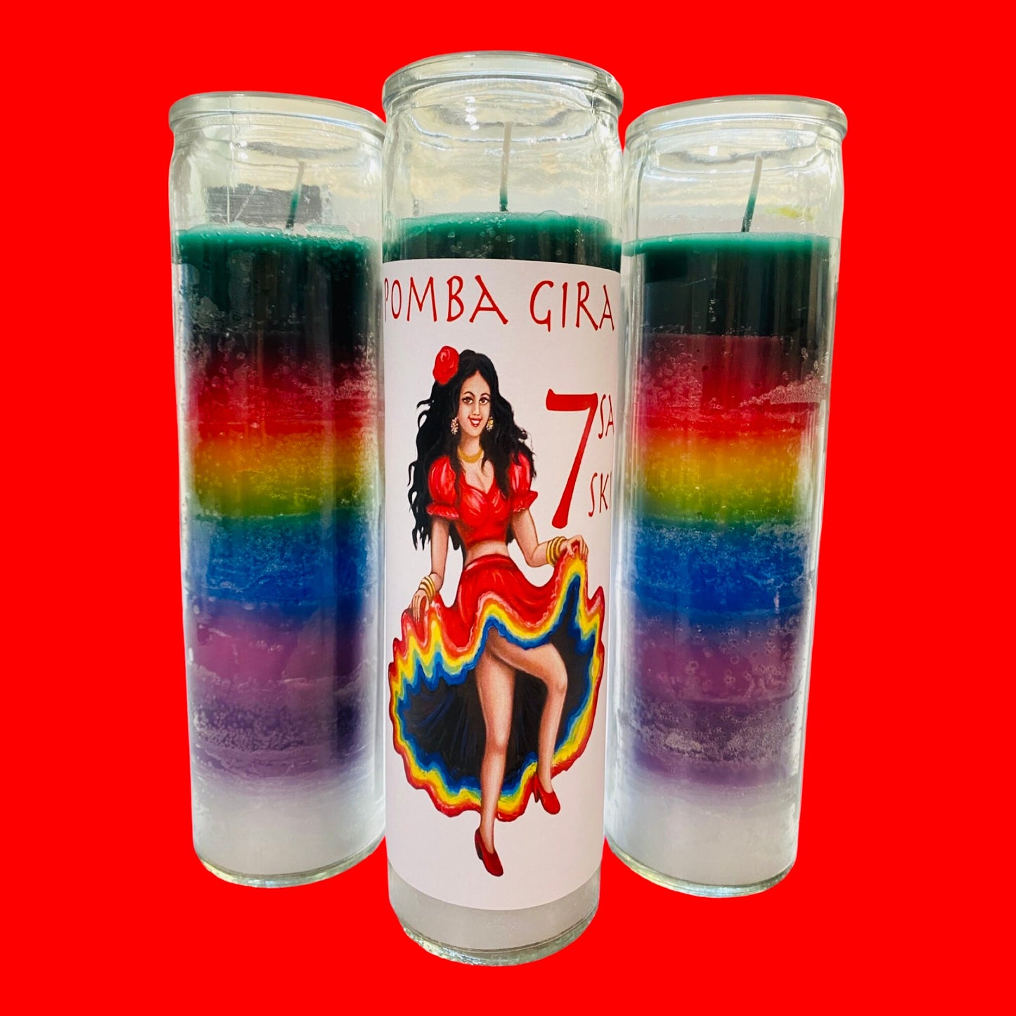 Pomba Gira 7 Saias Candle, 7 Skirts Fixed Candle for Difficult Love and Money Situations. Kimbanda, 7 Colors Candle