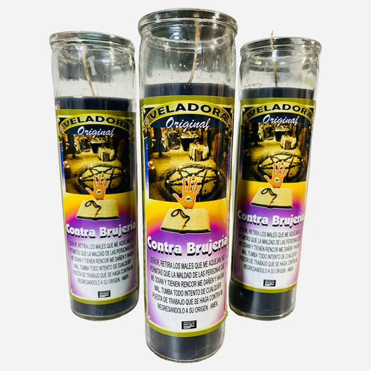 Contra Brujeria Veladora Negra Preparada. Against Witchcraft and Spells Black Fixed Candle