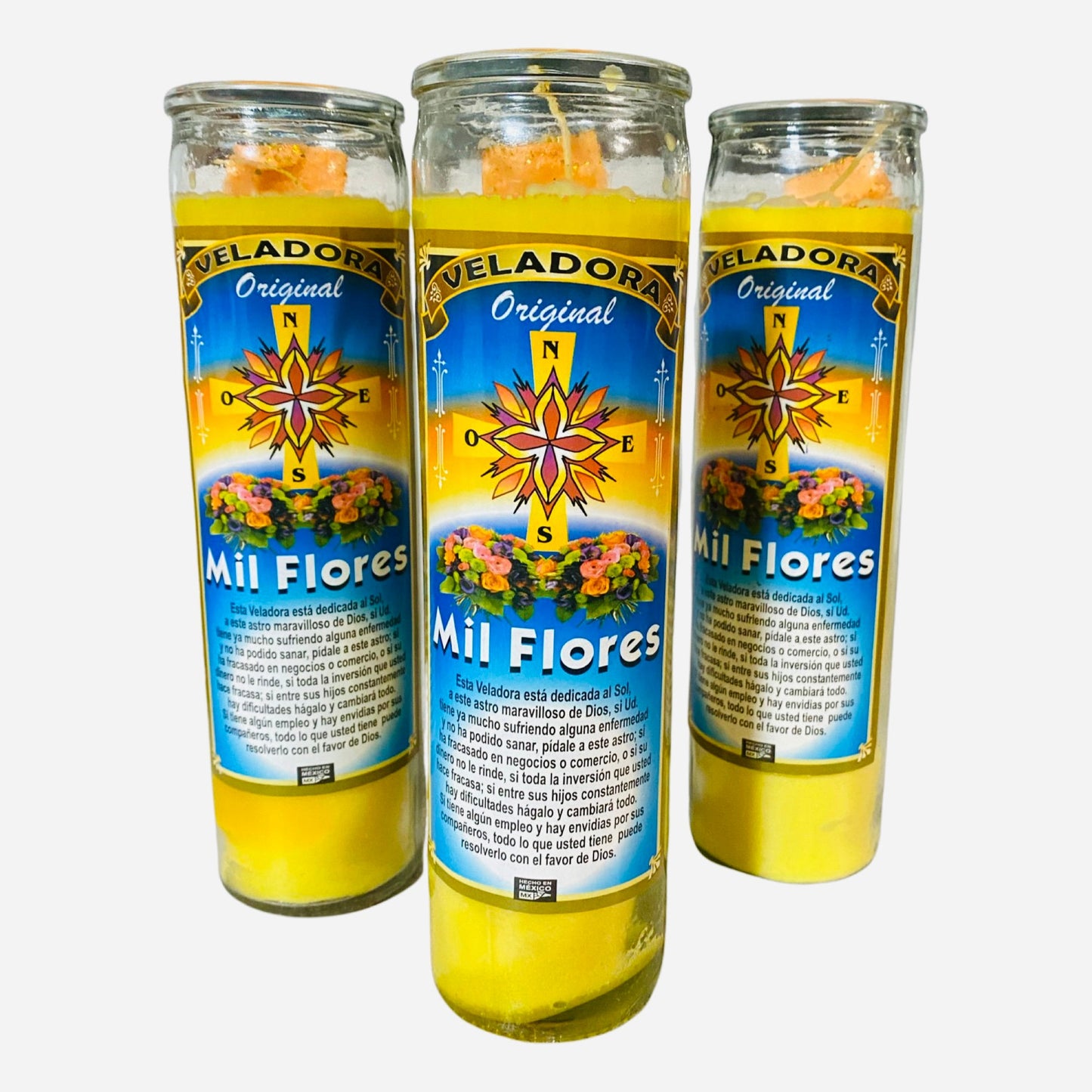 Mil Flores Veladora Preparada, One Thousand Flowers Fixed Candles. Candle for the Sun