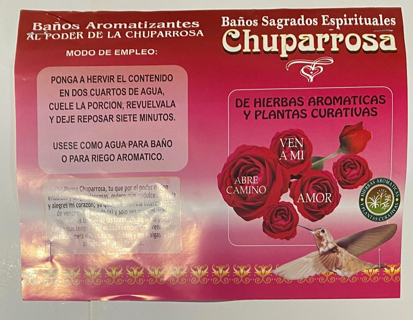 CHUPAROSA Baño de Hierbas, HUMMINGBIRD Spiritual Cleansing Plant Herbs Bath, Limpias, Atraccion y Amor