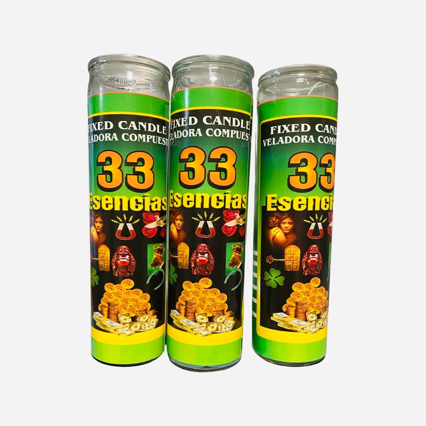 33 ESENCIAS VELADORA - 33 ESSENCES Fixed Candle, Para la Buena suerte y fortuna, Good Luck and Fortune