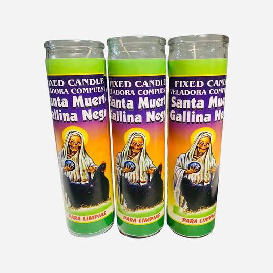 Santa Muerte Gallina Negra Veladora Para Limpias, Holy Death Black Hen Fixed Candle, Voodoo, Hoodoo, Limpia, Witchcraft