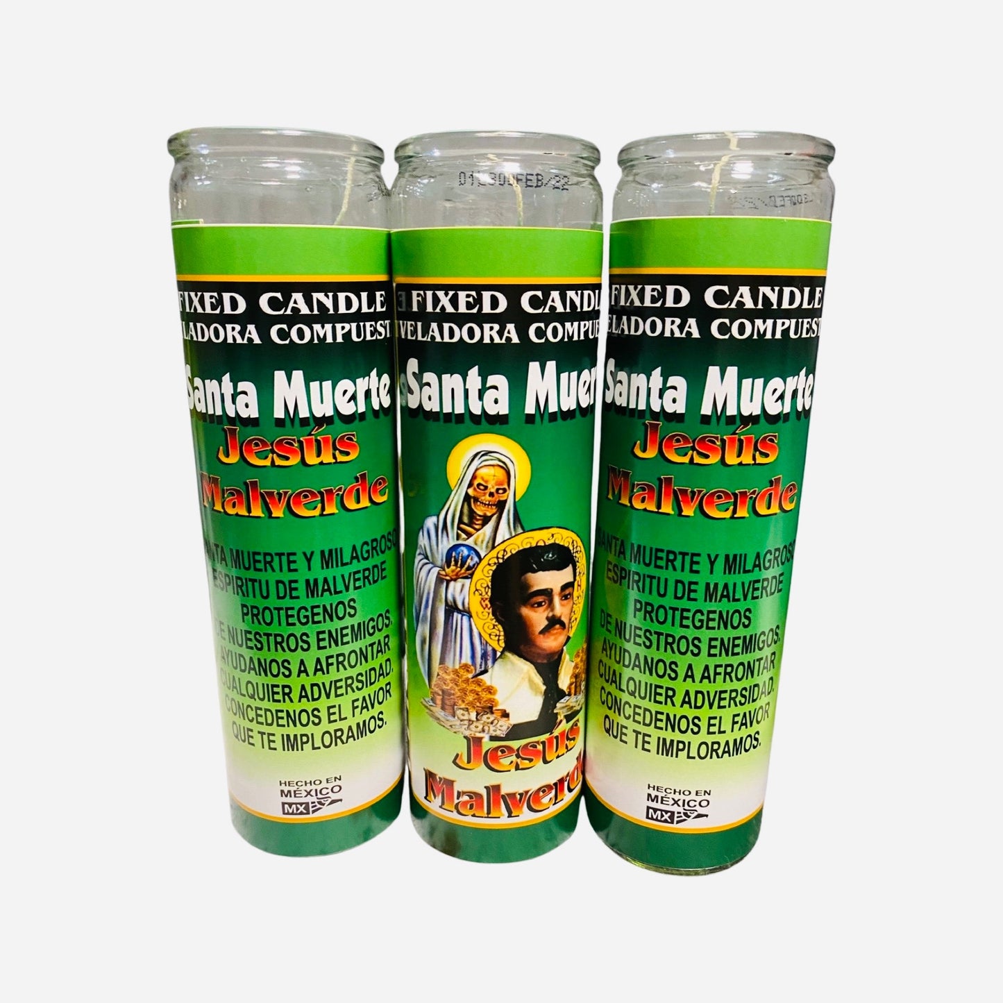 SANTA MUERTE Y Jesus MALVERDE Veladora - Holy Death and Jesus Malverde Fixed Candle