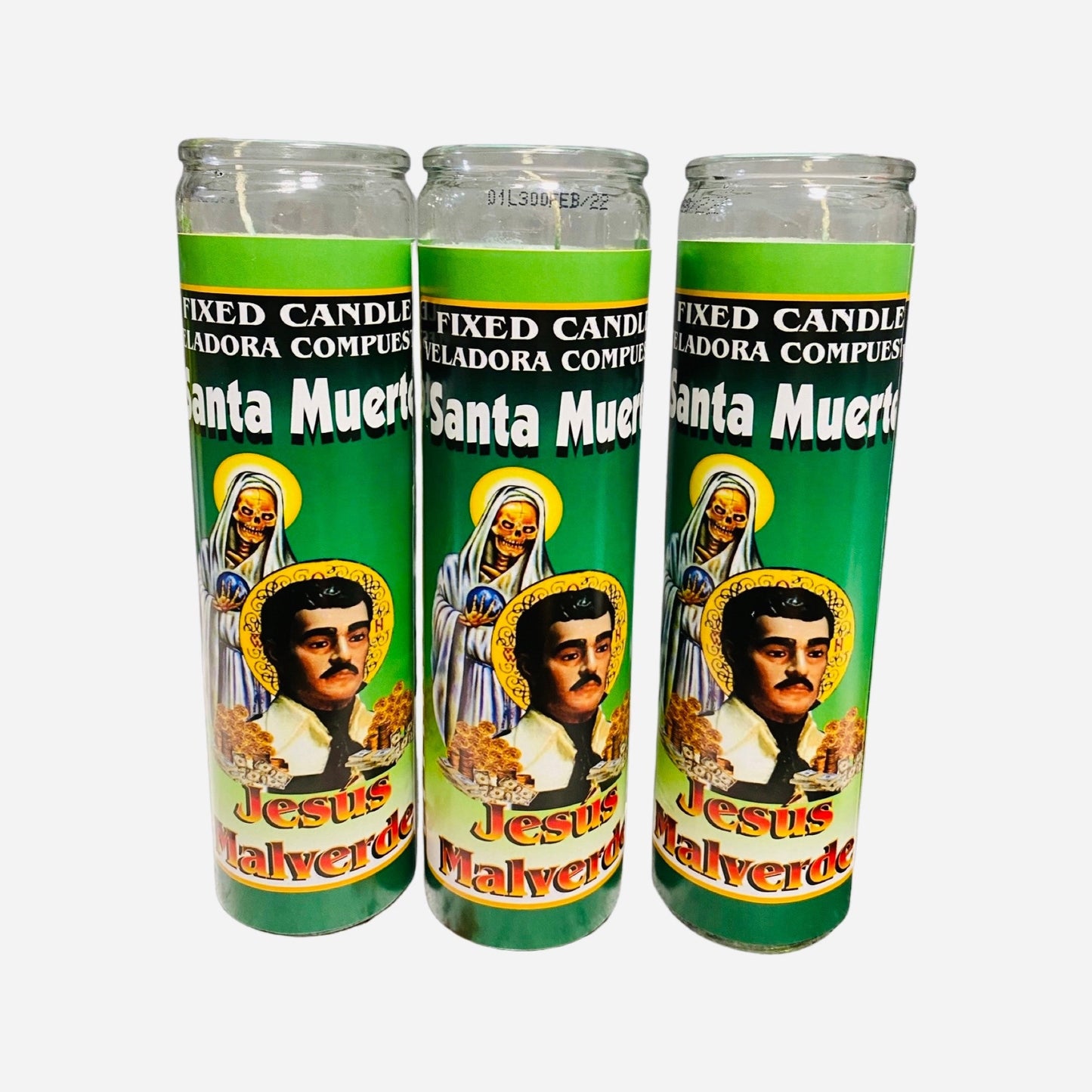 SANTA MUERTE Y Jesus MALVERDE Veladora - Holy Death and Jesus Malverde Fixed Candle