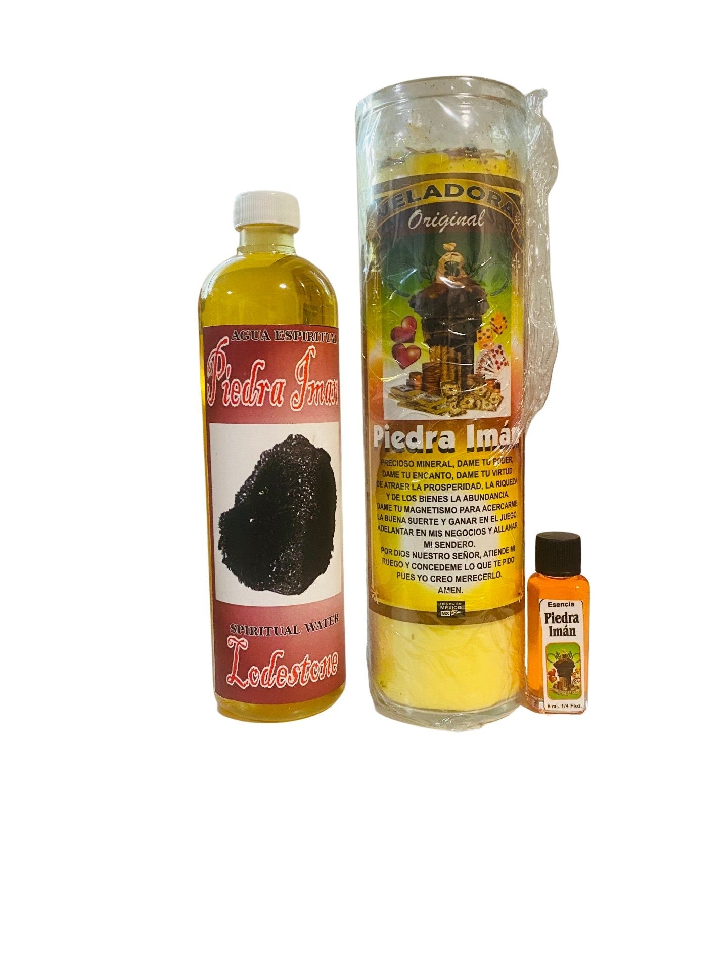 PIEDRA IMAN Set - LODESTONE Veladora + Agua Espiritual + Esencia, Candle + Spiritual Water + essence