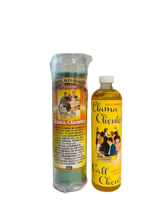 LLAMA CLIENTES SET - Call clients Set, Veladora + Agua Espiritual Para las Ventas y Prosperidad en el Negocio