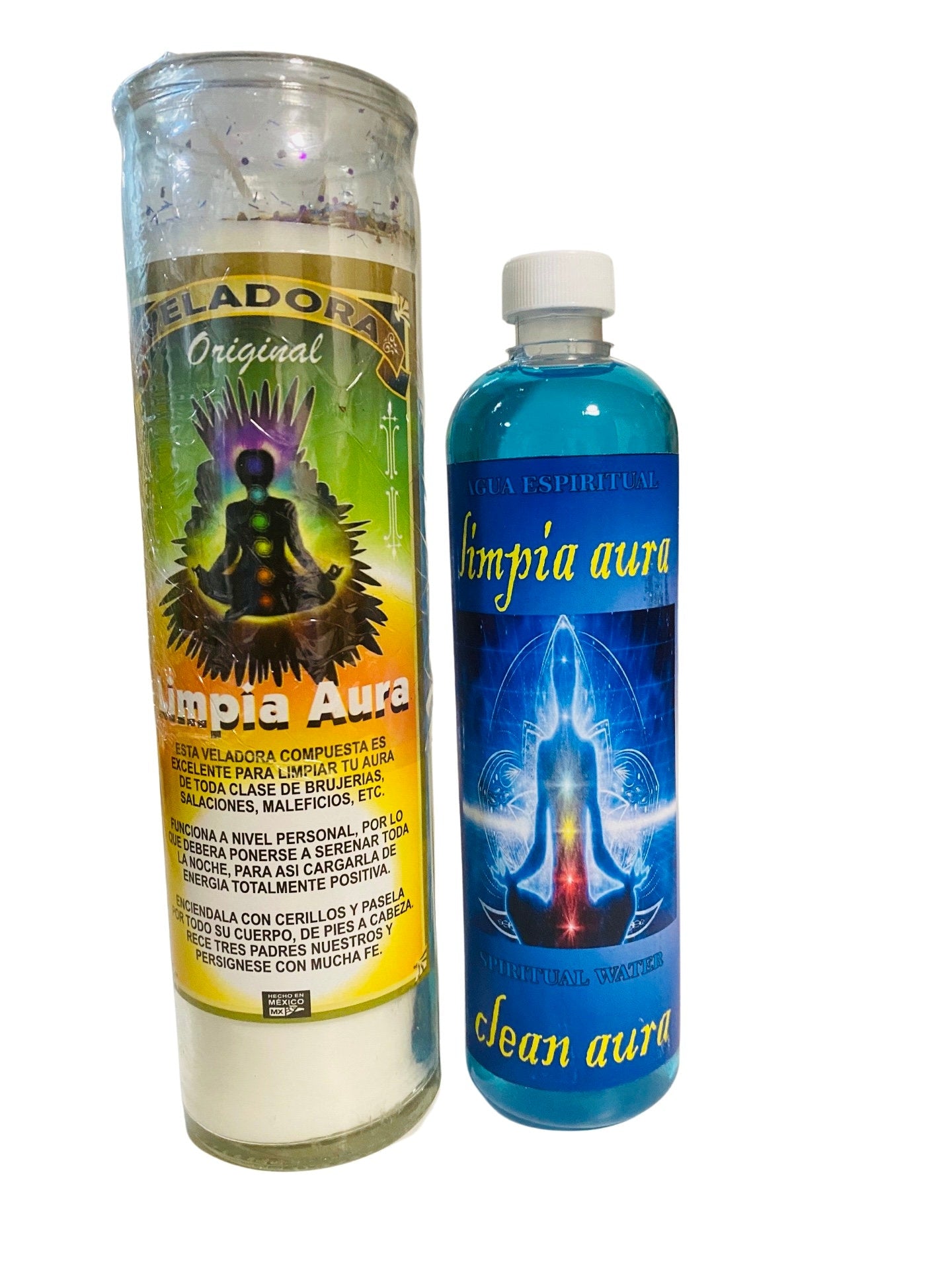 LIMPIA AURA Veladora + Agua Espiritual Para Limpiar Energia Negativa