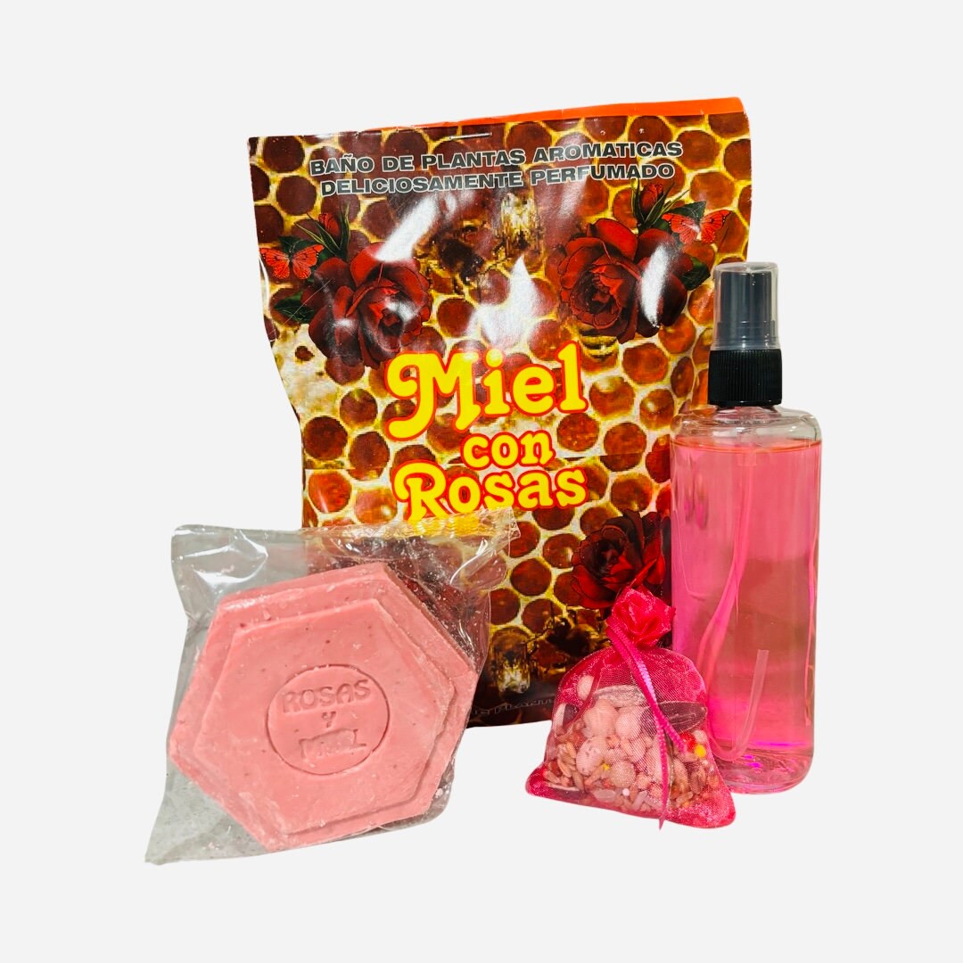 MIEL CON ROSAS Kit Ritualizado con Perfume + Baño Aromatico + Jabon + Amuleto Para el Amor Atraccion