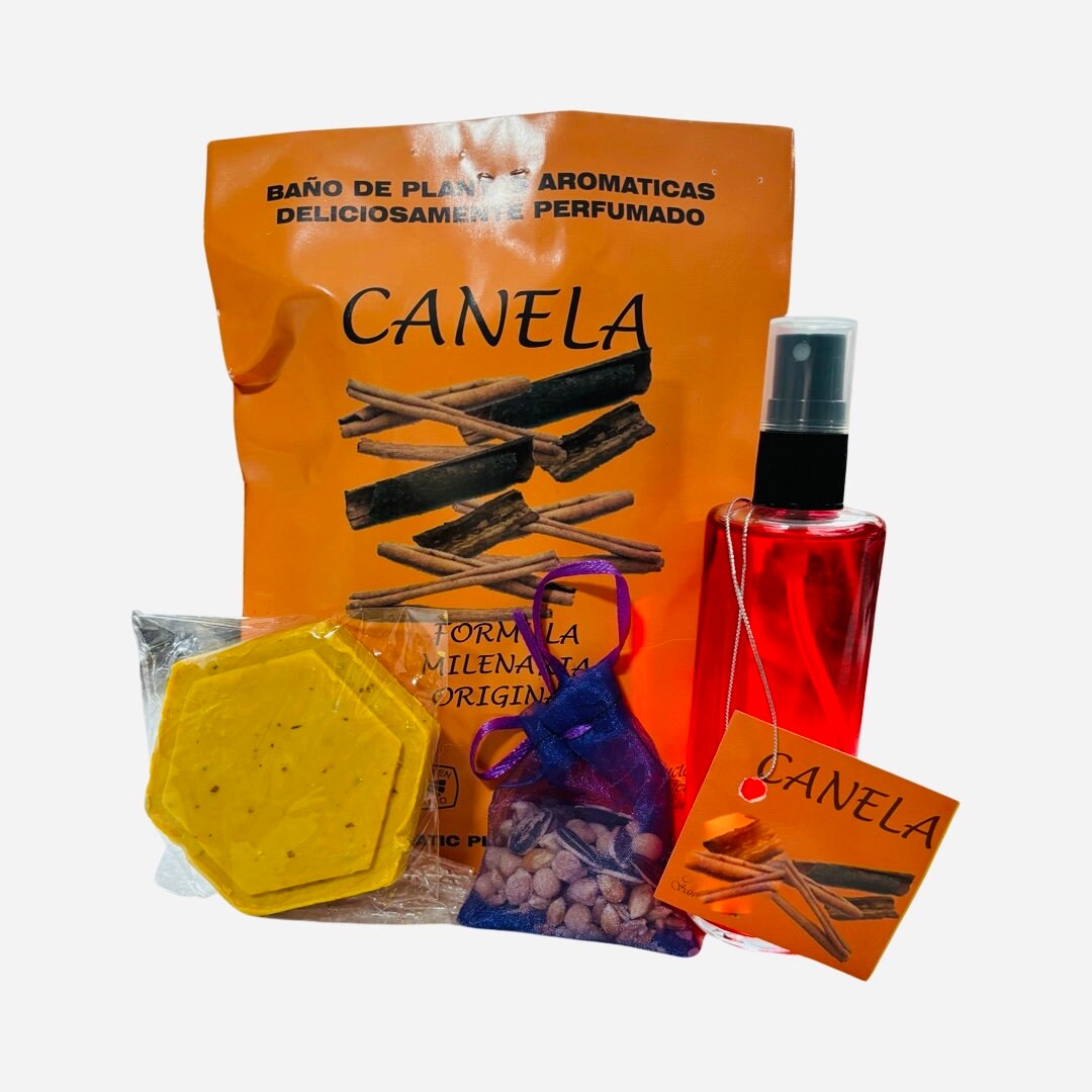 CANELA Kit Ritualizado con Perfume + Baño Aromatico + Jabon + Amuleto Para Limpias y Suerte