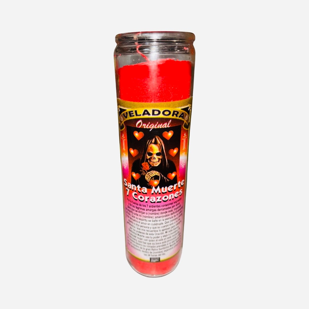 SANTA MUERTE 7 CORAZONES Veladora Para el Amor y Amarre - Santisima Muerte Roja Pasion