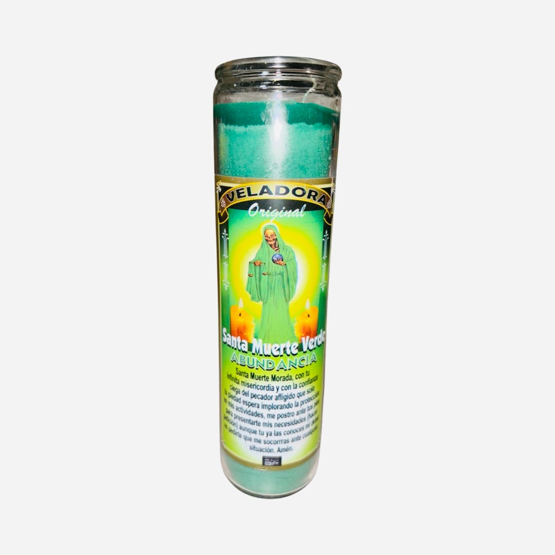 SANTA MUERTE VERDE Abundancia Veladora Para Dinero y Prosperidad - Holy Death Green Abundance Candle